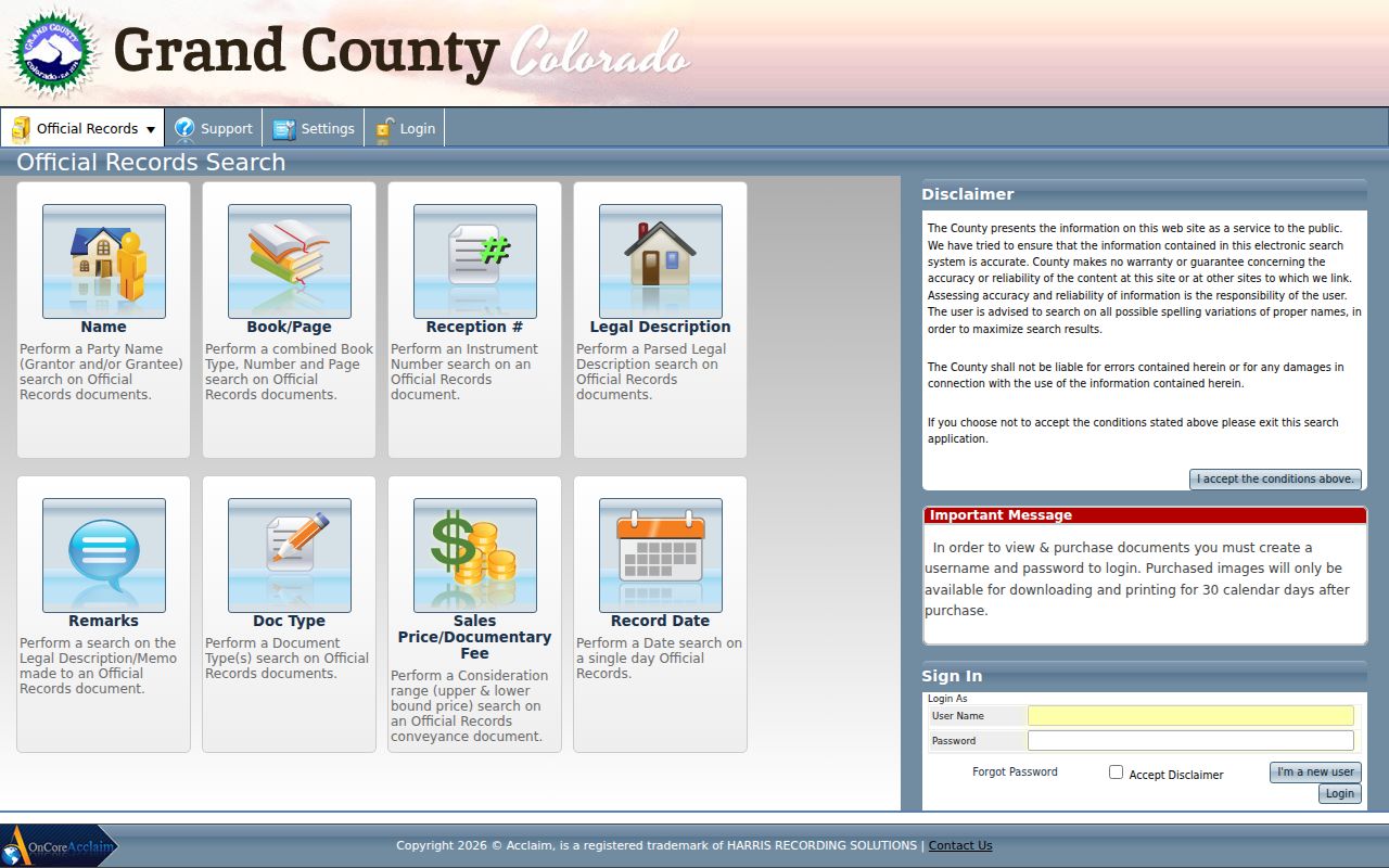 Grand County Clerk of Court records versus Acclaim recorded documents portal