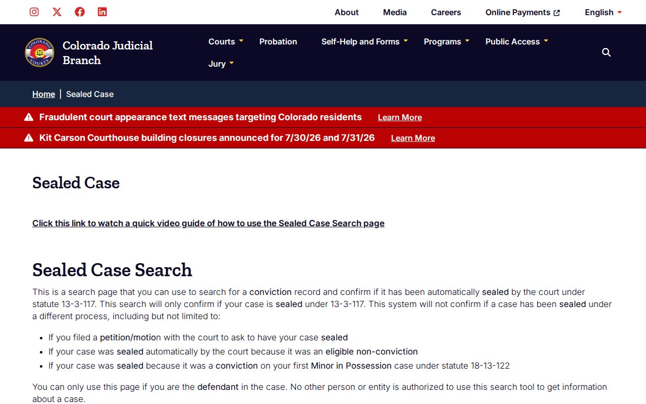 Grand County court dockets Colorado Judicial Branch sealed case search
