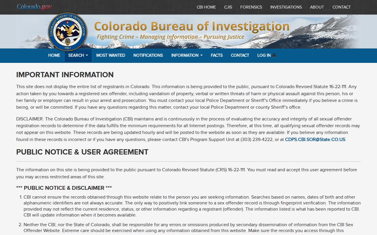 Grand County criminal court records CBI sex offender search agreement