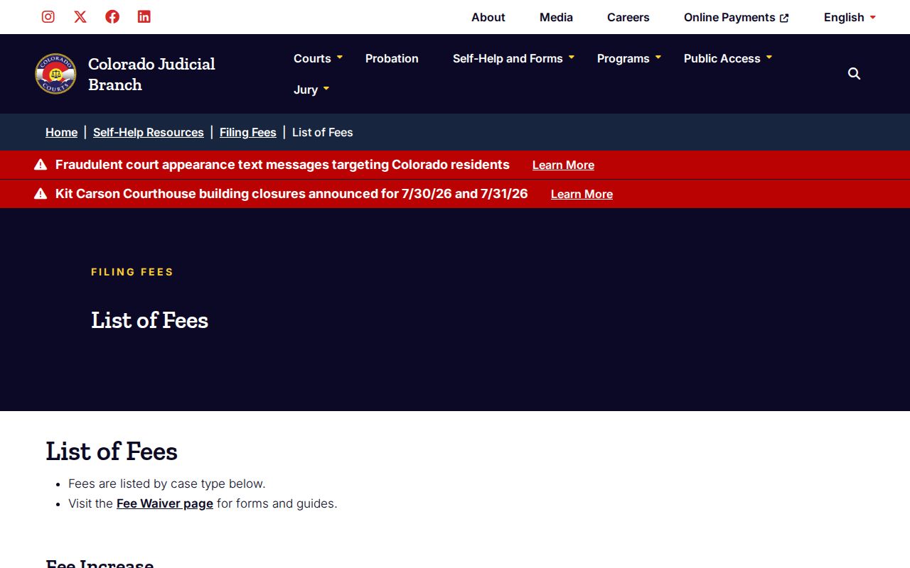 Grand County probate records Colorado Judicial Branch fee list