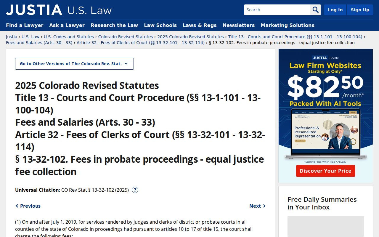 Grand County probate records Colorado probate fee statute